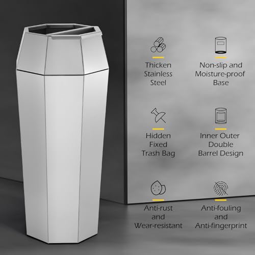 Image of Dyna-Living Commercial Trash Can Large Garbage Can with Lid, Open-top Tall Stainless Steel Trash Bin Industrial Garbage Container for Patio Lobby, Silver