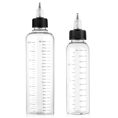 SynHHergyx 2 Pack Hair Color Applicator Bottle 8.5oz and 4oz Plastic Hair Oil Container with Graduated Scale Squeeze Bottle Twist on Top Tip Cap for Hairs Dye and Color Dispenser