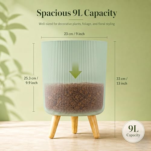 Image of Eightiz Store Modern Light Green Flower Pot with Plastic Legs | Indoor Outdoor Planter for Home Garden Balcony Decor Ribbed Design Sturdy Plastic Mid-Century Style (Light Green, Pack of 2)