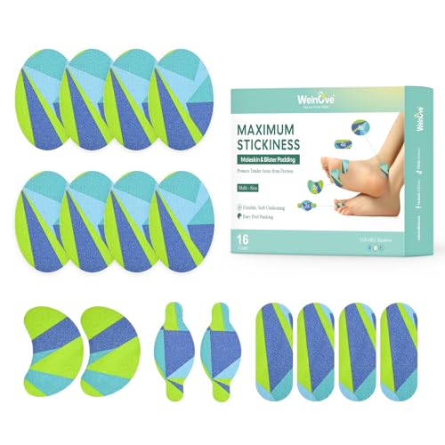 Welnove - Welnove Moleskin Adhesive Pads for Feet,Blister Bandages for Feet, Mole Skin Patch for Feet Heels, Skin Tape Stickers for Feet - 16 Sheets of 4 Shapes, Patterned