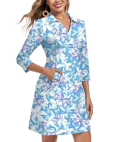 Image of WOWENY 3 /4 Sleeve Dress for Women with Pockets V Neck UPF 50+ Casual Sun Dress Breathable Quick Dry Beach Vacation