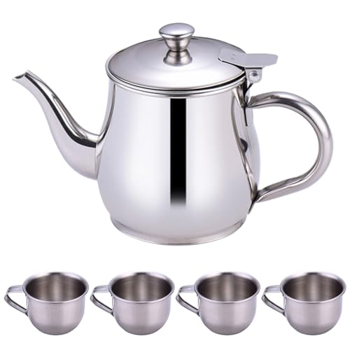 Imagen de El juego de té para niños incluye una tetera portátil de pico largo de acero inoxidable de 330 ml con pantalla de filtro y 4 tazas de 70 ml para niños que acampan en casa