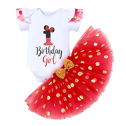 Ibtom Castle Cake Smash 1St 2Nd 3Rd Birthday Girl Princess Outfit Top Romper Polka Dots Dress Halloween Ruffle Tulle Tutu Skirt Set Wild One Party Bodysuit First Communion Christening Set Red-1St 1T #TOP1