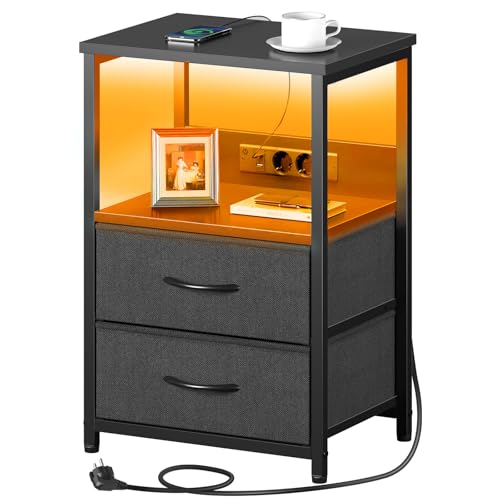 Seventable Table de Chevet avec Prise USB et 2 tiroirs - Table de Nuit connectée avec éclairage...