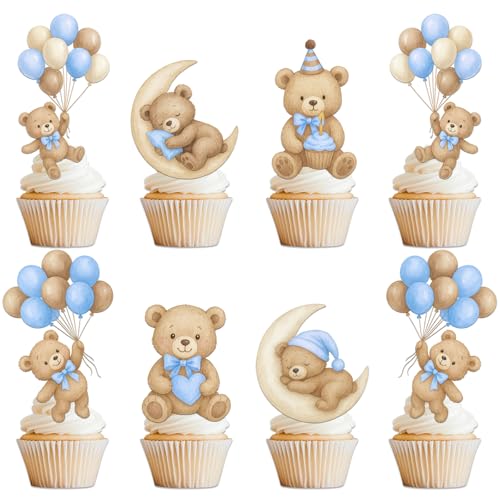 Zosutetoxo Conjunto de Topper de Cupcake 36 peças azul urso decoração de bolo Baby Shower criança decoração de muffin ursinho com balão lua coração para revelação de gênero 1º aniversário batismo