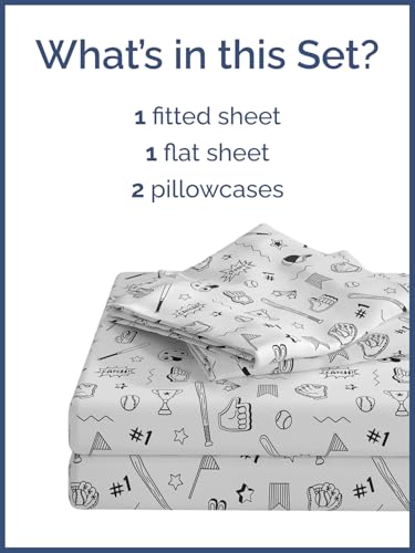 Image of Kids Queen Baseball Black Bed Sheets - 4 Piece Baseball Black Sheet Set