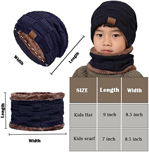 T WILKER 2Pcs Kids Winter Knitted Hats+Scarf Set Warm Fleece Lining Cap for 5-14 Year Old Boys Girls