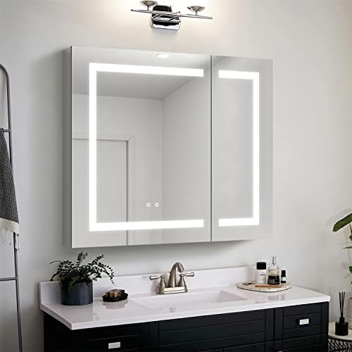 WELLFOR LED Mirrored Cabinet with Defogger, Dimmer, Outlets & USB Ports, Wall Mounted Bathroom Medicine Cabinet, Bathroom Makeup Mirror, Recessed or Surface Mount, Double Opening Doors, 36" X 30"