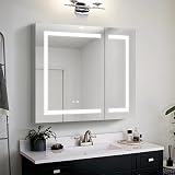 WELLFOR LED Mirrored Cabinet with Defogger, Dimmer, Outlets & USB Ports, Wall Mounted Bathroom Medic