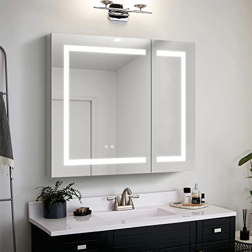 Wellfor Led Mirrored Cabinet With Defogger, Dimmer, Outlets & Usb Ports, Wall Mounted Bathroom Medicine Cabinet, Bathroom Makeup Mirror, Recessed Or Surface Mount, Double Opening Doors, 36" X 30" #TOP24