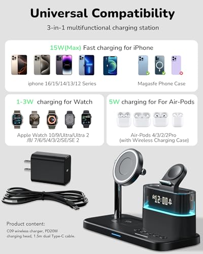5 in 1 Wireless Charger with Alarm Clock for Apple Multiple Devices,Bedside Night Light Nightstand Mag-Safe Charging Station for iPhone 16/15/14/13/12,Apple Watch,Air-Pods(Black)