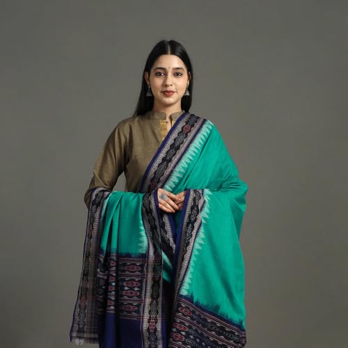 Image of Cotton Dupatta with weaving and Ikat woven border from the Weavers Stole for Girls & Women
