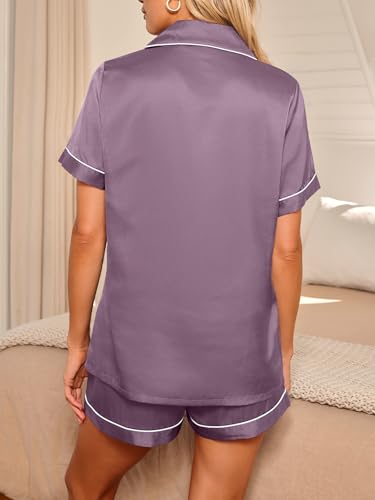 Image of LILLUSORY Silk Satin Pajama Set for Women Summer Two Piece Fall Lounge Pjs | Cozy Matching Sleepwear, Short Sleeve Button Down Shirt and Shorts, Soft Loungewear with Pocket, Cute Trendy Clothing