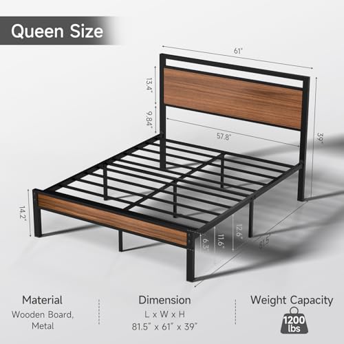 Image of Z-hom Queen Metal Bed Frame&Wooden Headboard&Footboard,No Box Spring,Walnut | Heavy Duty &Metal Slats,No Box Spring Needed,Quiet&Non-Slip Design,Space Saving Bed Frame for Bedroom