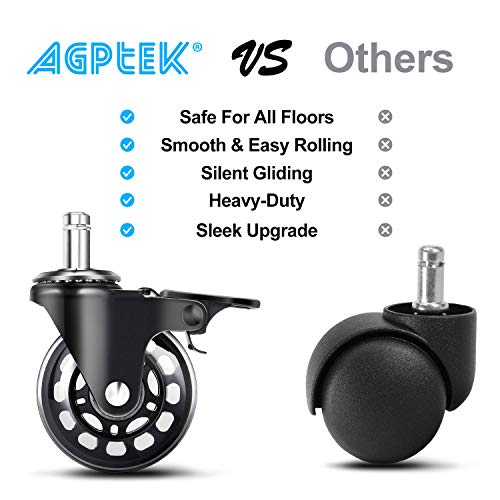 AGPTEK Set of 5 Office Chair Casters Heavy Duty with Locks, 11x22mm Office Chair Wheels Replacement with Brakes, Quiet Office Chair Wheels, No Noise, Game Chair Wheels for Hardwood Floors, Mat, Carpet