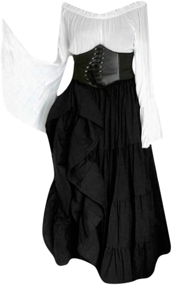 CosCool Women's Retro Medieval Dress with Trumpet Sleeves, Medieval Victorian Queen Dresses Renaissance Gothic Maxi Dress Carnival Halloween Party Princess Costume Black L