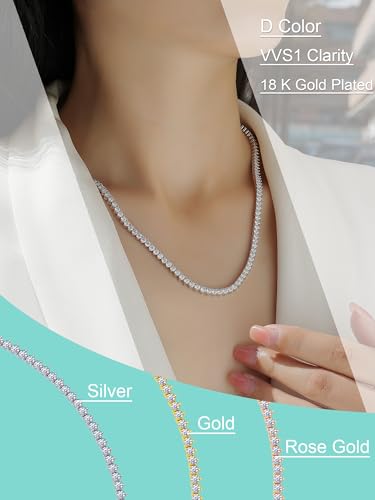 Moissanite Tennis Necklace for Women & Men - 3mm Round Sterling Silver Tennis Necklace - 18K White Rose Gold Plated Tennis Cuban Link Chain - Mens Womens Diamond Necklace Hip Hop Jewelry Gift2