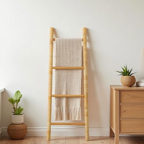 SOFE 4-Tier Rattan Blanket Ladder Shelves, 3.9Ft (47Inches) Decorative Ladder Holder, Wall Leaning Blanket Rack for Living Room, Bedroom, Farmhouse Home Decor