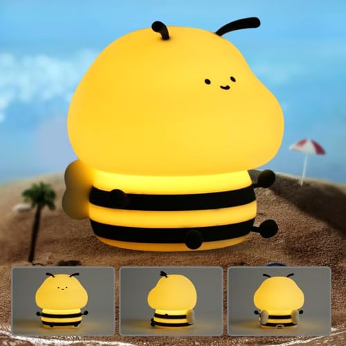 Rktnorv Bee Night Light for Kids,Cute Squishy Silicone Nursery Night Lamp Kawaii Animal Bedside Nightlight with 7 Colors 3 Levels Dimmable Tap Control Rechargeable Nightlights for Kids, Room Decor
