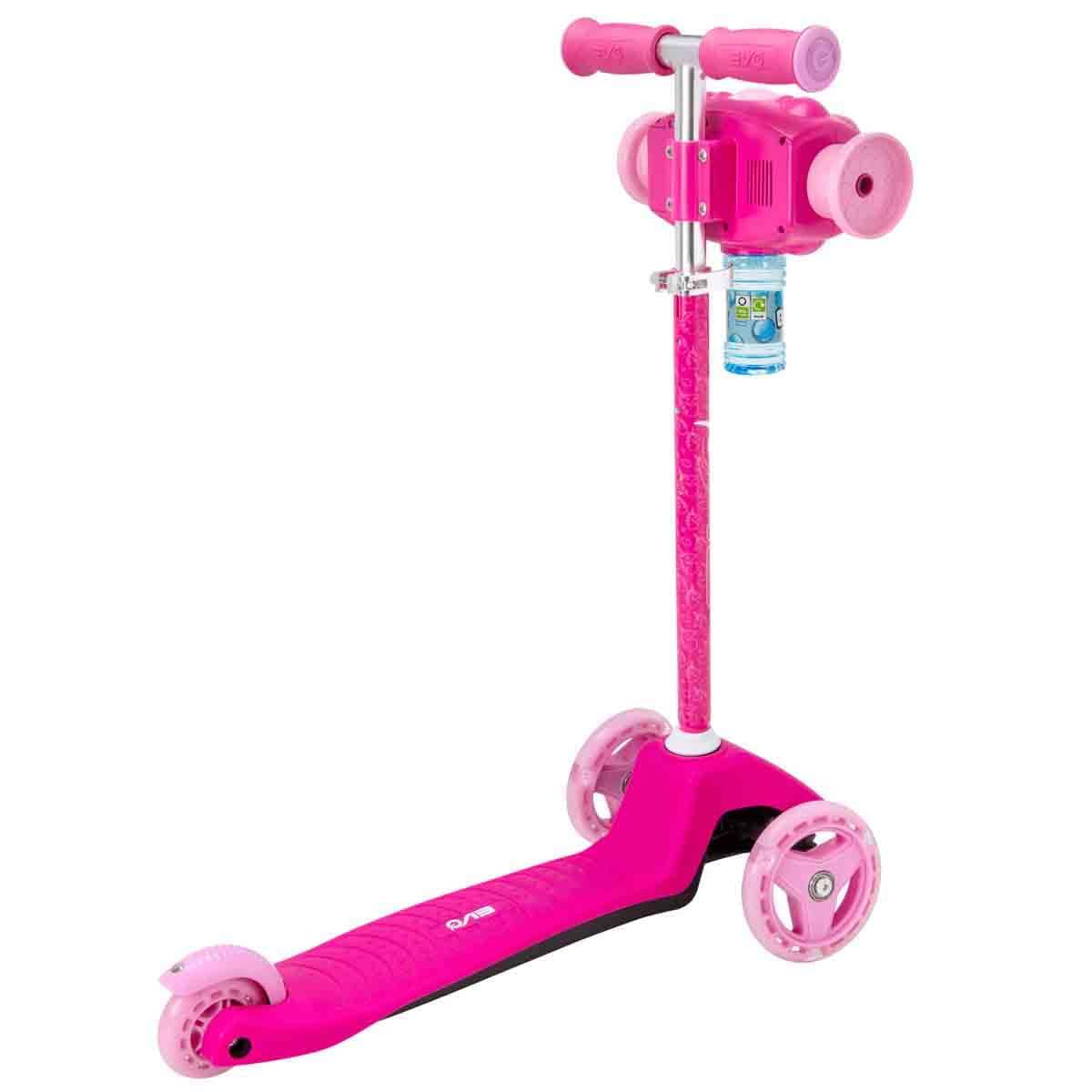 EVO Patinete ajustable con tres ruedas para niños, Bubblz Mini Cruiser rosa con pompas de jabón