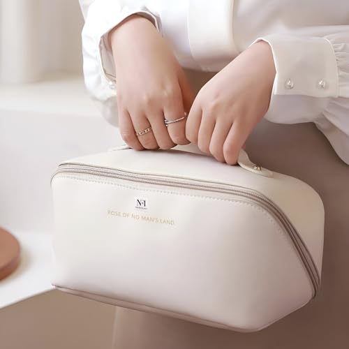 Image of NFI Essentials Pack of 2 Cosmetic Travel Organizer Bag, Women's Makeup Pouch Toiletry Bag Portable Leather Wide Opening Cosmetics Bag with Handle and Divider, 8Cm, Assorted