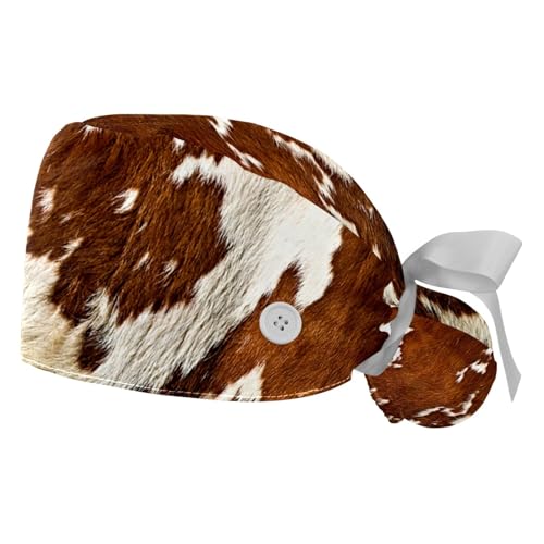 Image of 2 PCS Bouffant Cap with Button Ponytail Pouch Working Cap Sweatband Adjustable Surgical Cap Black and White Cow