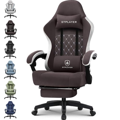 GTPLAYER Gaming Stuhl Ergonomischer Gaming Sessel Schreibtischstuhl mit Stoffoberfläche, Federsitzkissen, Verbindungsarmlehnen und Fußstütze 150KG, Braun