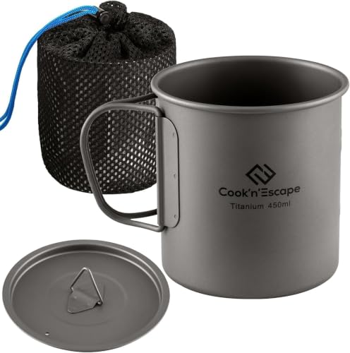Image of COOK'N'ESCAPE Titanium Camping Pot, Camping Cookware Set, 2 in 1 Pots and Pans Set with Folding Handle, Ultralight Camping Frying Pan Open Over Fire Food Cooking for Outdoor Backpacking Hiking Picnic
