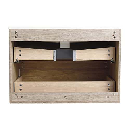 Ssline Wall Mounted Bathroom Vanity With Sink Modern 30" Floating Bathroom Vanity With Top Basin & Storage Drawers White Oak Wood Hanging Bath Cabinet W/Gel Sink And Silver Handle For Small Space #TOP6