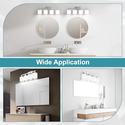 Image of Bathroom Lights Over Mirror Brushed Nickel, Anti-Rust 4-Light Bathroom Vanity Light Fixtures, Modern 24Inches Wall Sconces E26 Base, Milky White Glass Shades, Bulbs Not Included