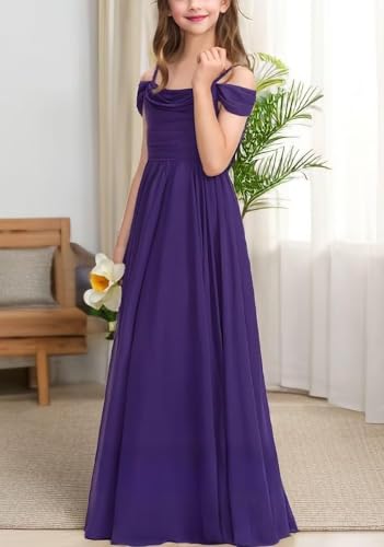 Off Shoulder Junior Bridesmaid Dresses for Wedding Teen Girls Pleated Long Chiffon Flower Girl Dress Pageant Gown4