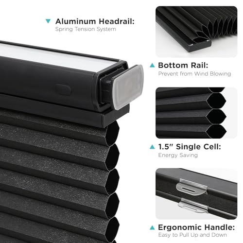 Joydeco No Drill Blackout Cordless Cellular Shades, 33" W x 64" H, Black by Joydeco - Used condition - Image 7