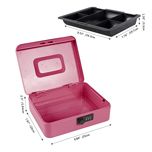 Image of Kyodoled Large Cash Box with Combination Lock,Safe Metal Money Box with Money Tray for Security Lock Box 9.84 inchx 7.87 inchx 3.54 inch Pink Large