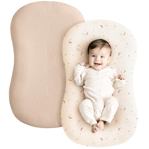 Image of Konssy Muslin Baby Lounger Cover 2 Pack, 100% Cotton Newborn Lounger Cover, Soft and Breathable Lounger Slipcover for Boys Girls, Covers Only (Wheat,Moon)