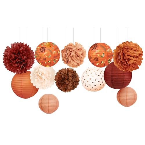 Image of Fall Wedding Decorations, 12 PCS Carmine Rust Orange Brown Tissue Pom Poms and Paper Lanterns for Rustic Classical Wedding, Retro Bridal Shower, Fall Baby Shower Party