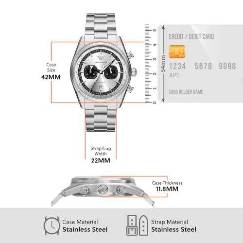 Image of Emporio Armani Watch for Men, 2 sub dial Chronograph Movement and 43mm Case Size with Stainless Steel, Leather or Silicone Strap, Black and Silver Tone, 42MM, Sports