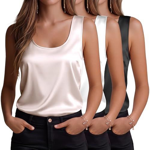 Image of 3 Pack Women's Silk Satin Tank Tops Sleeveless Scoop Neck Camisole Summer Lightweight Blouses Dressy Casual Shirts
