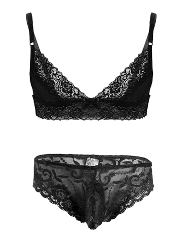 YiZYiF Men's Sissy Crossdressing Lingerie Set Male Crossdress Bra Top with Panties Nightwear