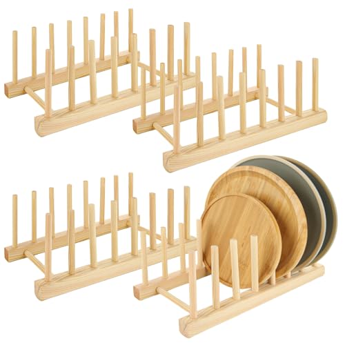 LOPYXBR 4 Piezas Organizador Platos de Bambu con 7 Ranuras, Escurreplatos Madera para Cocina, Soporte Platos Madera para para Platos, Tapas, Tablas de Cortar, Cuencos y Libros, 31x13x10cm