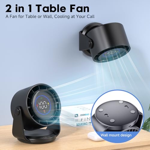 YOSHENMO Desk Fan, Turbo Table Fan for Bedroom, 100-Speed Digital Display, Low Noise, 105° Adjustable Tilt, 7.5-inch, Rechargeable Battery, Wall-Mouted Design for Home, Office, Travel Dark Black by YOSHENMO - Image 2