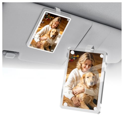 BILEKSU New Car Picture Holder,Magnetic Car Photo Holder Supports Horizontal & Vertical Placement,Acrylic Cars Visor Picture Holders for Cars Interior with Clips as Birthday Gift (3.54 * 2.35”)