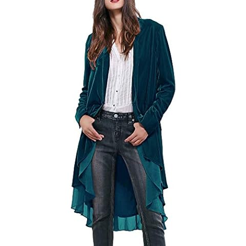 R.Vivimos Herbst Winter Damen Samt Rüschen Mantel Casual Vintage Lange Jacke Kragenlos Klassische Schwalbenschwanz Blazer Cover