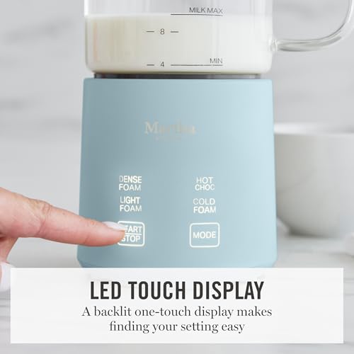 Image of Martha Stewart Milk Frother and Steamer, 10oz /300ml Glass Cup, 4 Presets (Cold Foam, Light, Dense & Hot Chocolate), Ready in 90 Seconds, Cordless Pouring, One-Touch for Hot and Cold Milk, Sky Blue