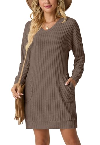PrinStory Pulloverkleid Damen Winter Minikleid Mit Taschen Elegant Warm Winterkleid (Dunkles Kaffee, L)