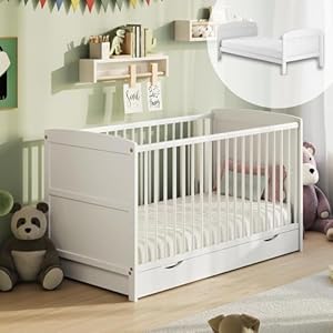 Babybett 70x140 mit Schublade, Gitterbett, Kinderbett, höhenverstellbar & herausnehmbare Sprossen optional mit Matratze | weitere Größen: 60x120cm | 70x140cm: von Geburt bis 6. Lebensjahr, Weiß