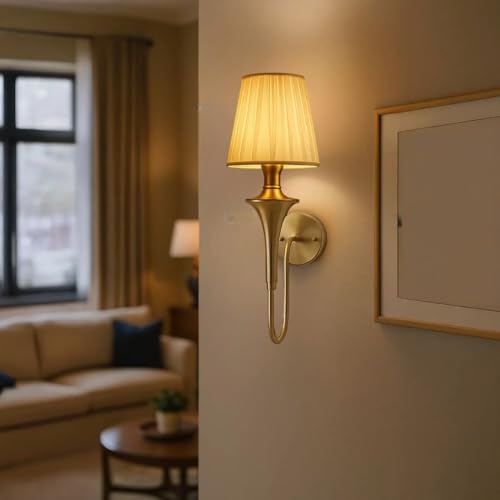 Image of Groeien Pack of 2 | Fabric Shade Contemporary Brass Finish Wall Lamp for Bedroom, Livingroom, Indoor(Bulb is Included) (Fabric-White Shade, 2)