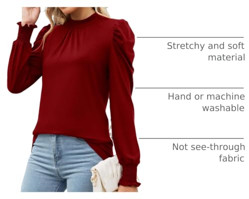 Image of LUYAA Puff Long Sleeve Shirts for Women Tops Dressy Casual Frill Mock Neck Smocked Cuffs Blouses