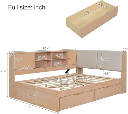 MERITLINE Solid Wood Full Captain Bed with Storage for Adults (Natural Wood)