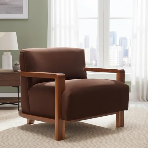Image of Lakdi The Furniture Mid-Century Modern Accent Armchair with Walnut Wood Frame & Deep Brown Fabric Lounge Sofa Chair for Living Room | 5 Years Warranty | Free Assembly - 15185191
