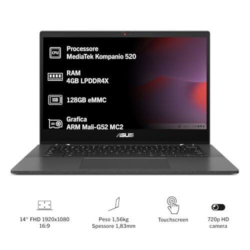 Chromebook CM1402FM2A#B0CZ42YZYG, Notebook con Monitor 14" FHD Glossy, 60Hz, MediaTek Kompanio 520, RAM 4GB, 128GB eMMC, grafica ARM Mali-G52 MC2, Chrome, Grigio - Notebook - Immagine 1